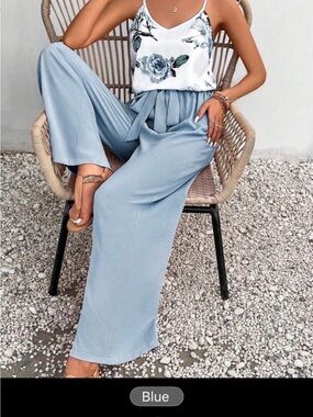 SHEIN Light Blue High-Waist Wide Leg Pants with Tie Belt & Top